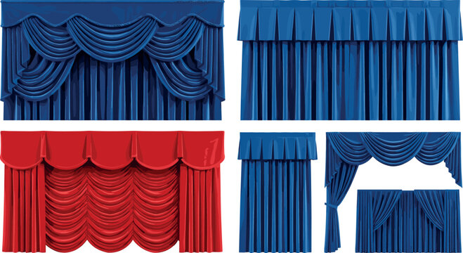 Luxury Theater Curtain Collection with Red and Blue Stage Drapes, Window Valances, and Decorative Fabric Vector Illustration Set