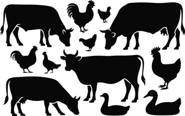 Farm animals silhouettes: cows chickens ducks geese with domestic animals silhouette illustration collection livestock © Md Mujahid Fakir