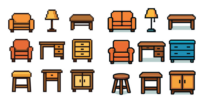 Home decor icons with armchair lamp pixel