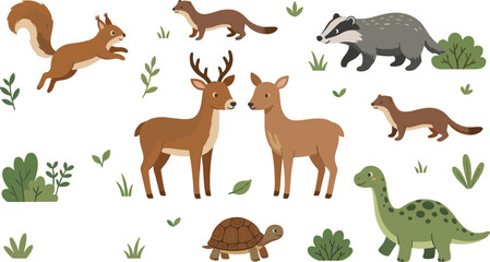 Cute Cartoon Forest and Prehistoric Animal Vector Set with Squirrel Deer Badger Weasel Turtle Dinosaur and Bushes for Children Education Layouts © Rownok