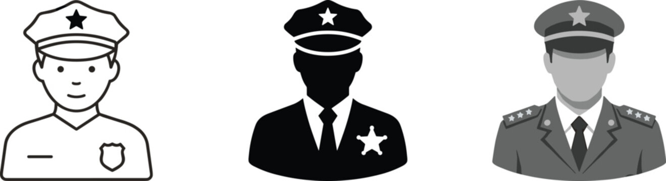 Police Officer Icon Collection with Outline, Silhouette, and Grayscale Styles for Law Enforcement, Security, and Public Safety Illustration Designs
