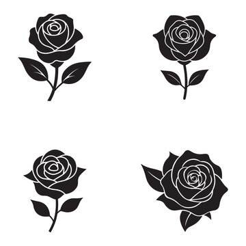 Black rose silhouettes with white outlines on white background  four identical flowers with leaves  floral icons