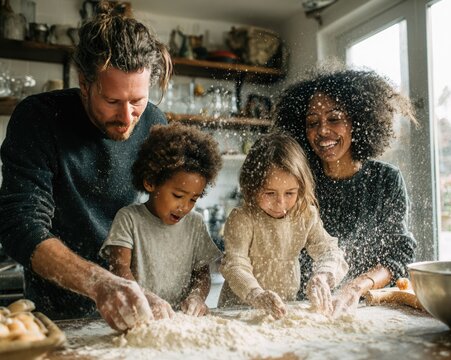 Multiethnic blended family cooking together in modern kitchen, flour in air, dynamic movement, bright daylight, authentic joy, commercial lifestyle photography