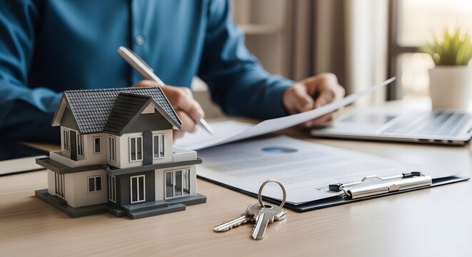 Real estate agent signing property contract agreement next to miniature house model and keys on office table.