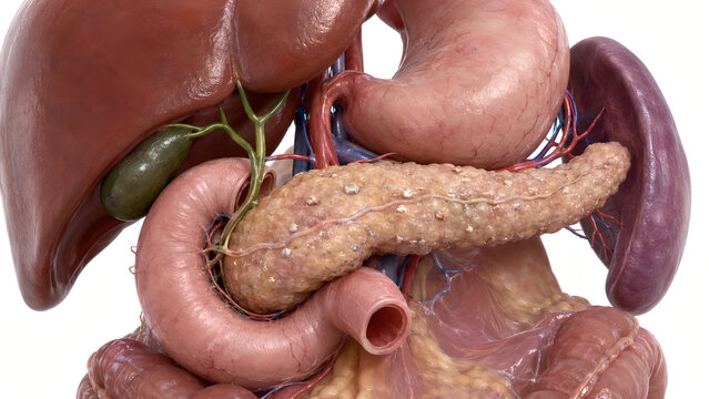 Chronic Pancreatitis 3D Anatomy Illustration With Pancreatic Calcifications for Digestive Health Education
