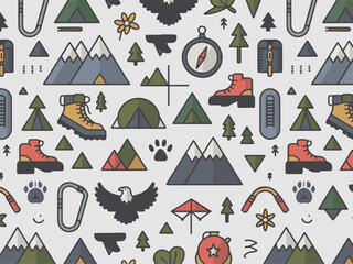 Seamless pattern of outdoor adventure icons including mountains tents boots and compass flat vector illustration for travel and camping themes © Saqib1022