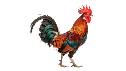 A beautiful vibrant colorful domestic rooster cock bird standing side view profile isolated on transparent background cut out © 1png-stock