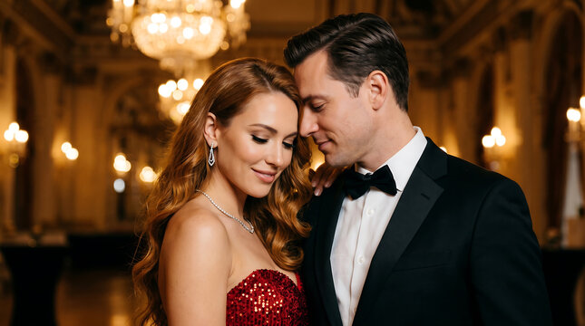 Elegant couple in formal attire posing affectionately together at a luxury gala event in evening light