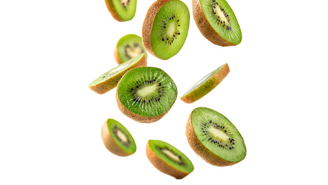 Multiple fresh green organic kiwi fruit slices falling dynamically in the air isolated on transparent background cut out