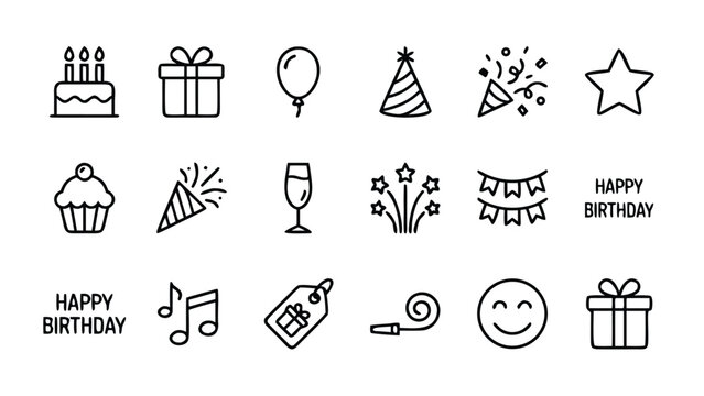 Minimalist Set of 16 Birthday Party and Celebration Lne Icons Featuring Cake, Gft Box, Balloon, Party Hat Confetti, Cupcake, Firewoks, and Music Notes for Fetive Graphic Design Projecs.
