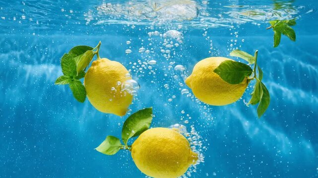 Whole lemons with green leaves and fresh mint splashing into vibrant blue water. A dynamic underwater scene with bubbles for a healthy beverage concept