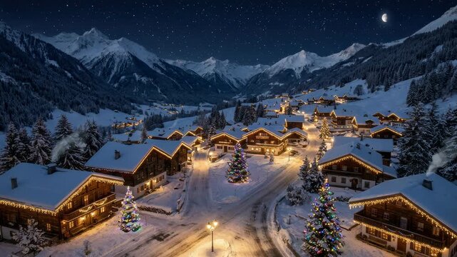 Magical panoramic landscape of a snowy alpine village at christmas time. Traditional wooden chalets are illuminated with festive lights under a starry night sky with a crescent moon