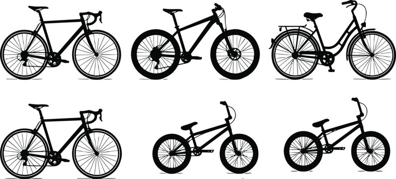 Bicycle black silhouettes vector set featuring road bikes mountain bikes city cruisers and bmx models isolated on white background