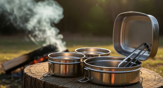 Stainless Steel Mess Kit Cooking Outdoors Near a Campfire