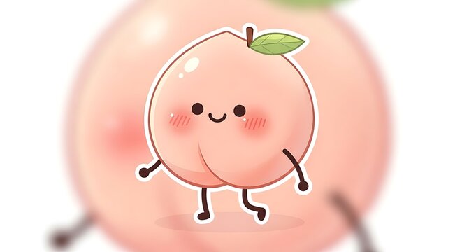 Cute Kawaii Peach Character Illustration with Smiling Face and Soft Pastel Cartoon Style