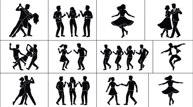 Dancing people silhouettes set couples and groups performing various dance styles isolated black figures collection