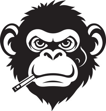  Black and white monkey holding a cigarette in its mouth, looking curiously at the viewer.
