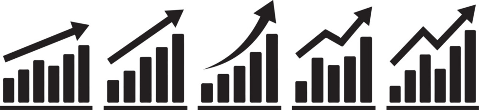 Growing graph set. Business chart with arrow. Growths chart collection. Profit growing sumbol. Progress bar. Bar diagram. Growth success arrow icon. Progress symbol