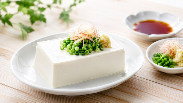 白い皿に盛り付けた冷奴 薬味と醤油で楽しむ夏の和食