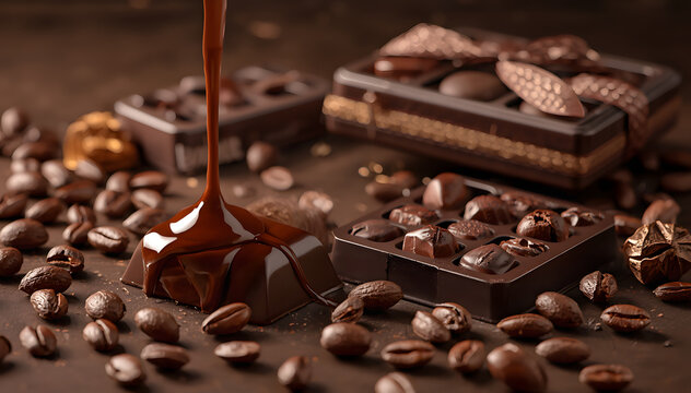 Melted Chocolate Bar with Dripping Chocolate and Cocoa Beans