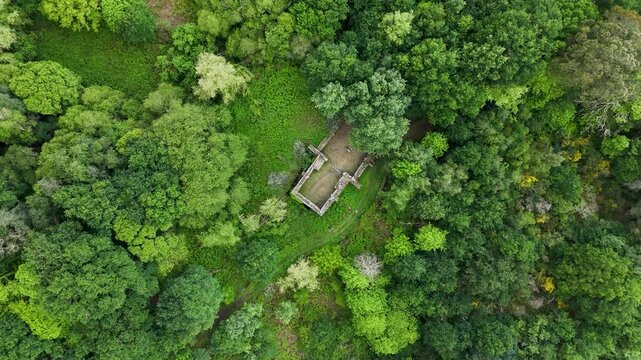 Aerial view of the Forno da Santa stone ruins surrounded by a lush green forest and dense vegetation in Ourense, Ourense, Spain.