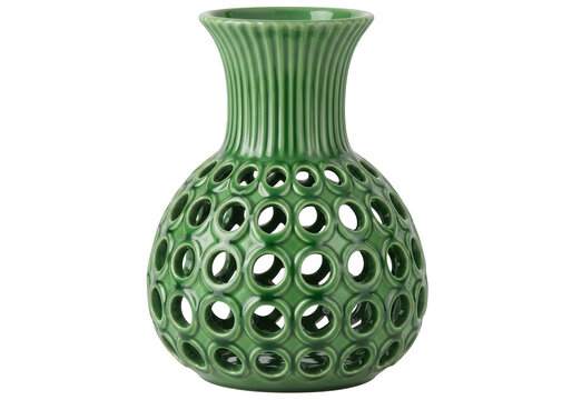 Green glass vase with diamond pattern on table isolated on transparent background