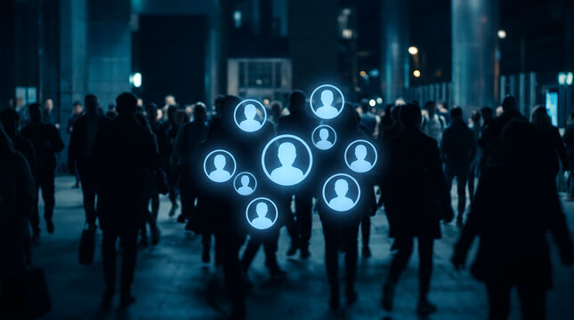 Digital identity network concept with glowing profile icons over anonymous urban crowd silhouettes