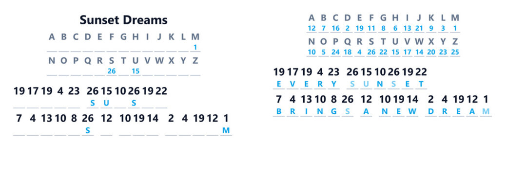Sunset dreams cryptogram puzzle worksheet with solution