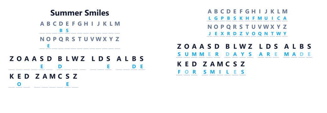 Summer smiles cryptogram puzzle worksheet with solution