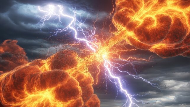 Intense Lightning Storm with Fire Clouds and Dark Sky Background