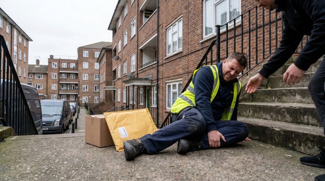Delivery man falls on street while carrying packages, gets help from passerby.