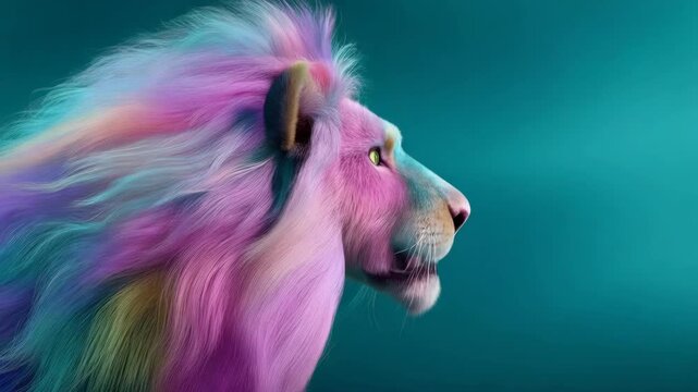 Colorful lion profile side view with rainbow mane, vibrant fur, wild cat animal portrait on teal background, dreamy fantasy style SEO title
