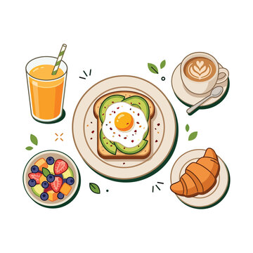 Healthy Breakfast with Avocado Toast Egg Fruit Bowl Croissant Coffee and Orange Juice Illustration