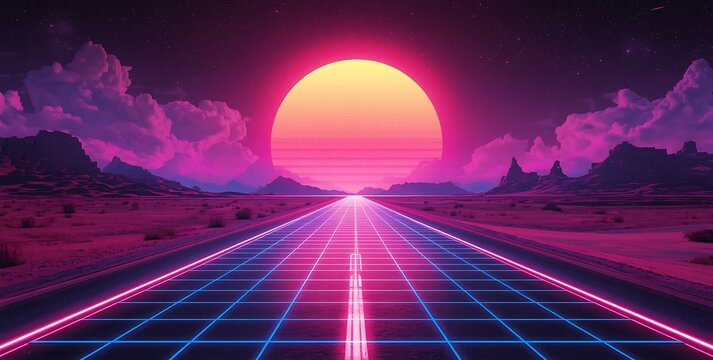 Synthwave outrun highway neon grid desert highway for high-tech digital marketing and branding presentations