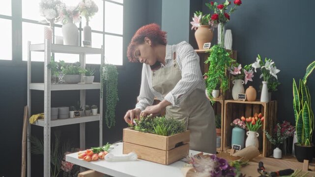 Woman florist arranging potted flowers with hands while phone is tucked between ear and shoulder, wearing apron beside crates and vases in studio; calm focus.