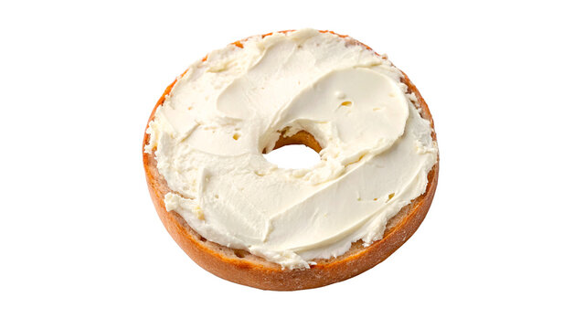 A fresh cut half section of a soft bagel bread topped with thick cream cheese isolated on transparent background cut out