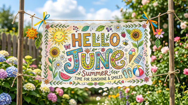 hand drawn hello june summer banner on transparent background high quality professional