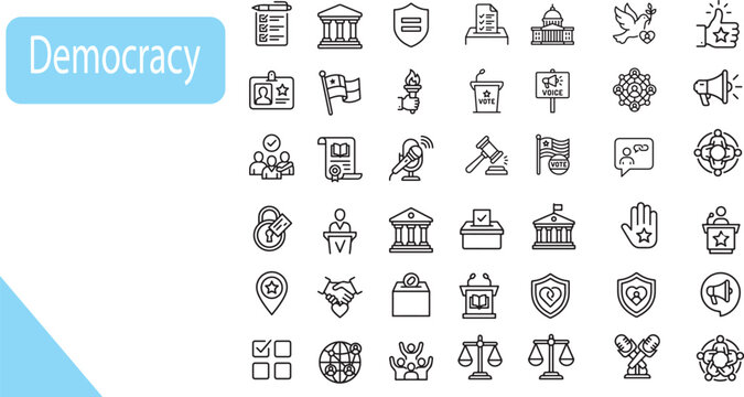 Democracy and Government Election Line Icon Set &ndash; Minimalist Vector Icons for Voting Ballot Box, Supreme Court Scales of Justice, Political Campaign Podium, Parliament Building, and Civic Rights Symbo