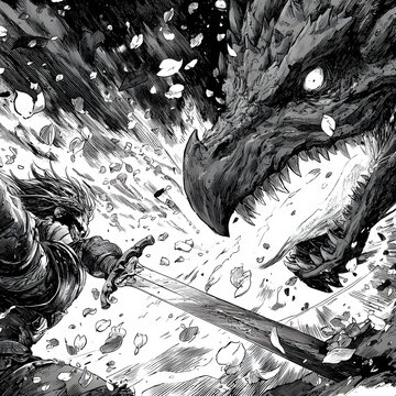 Manga-style illustration A valiant warrior brandishes a gleaming sword, fearlessly confronting a colossal dragon in an intense, high-stakes fantasy battle, amidst a flurry of dynamic debris