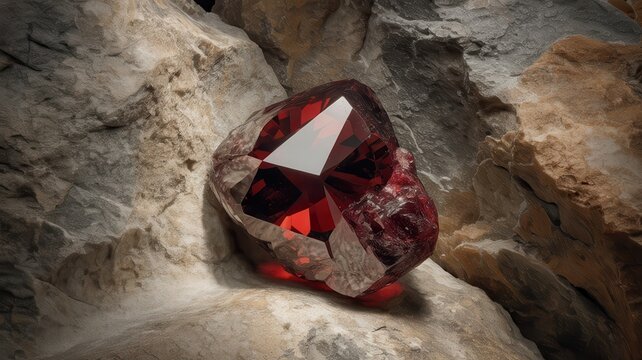 Rich red gemstone nestled among rough gray and beige rocks in natural setting
