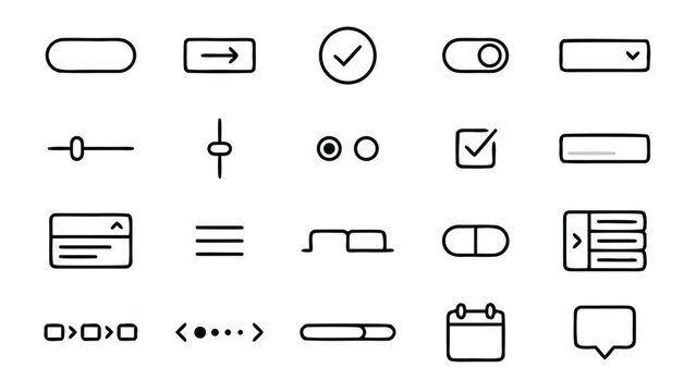 Set of 20 Minimalist UI UX Wireframe Vector Line Icon for Website Interface Desgn Featuring Buttons, Slidrs, Toggles, Dropdowns, Chckboxes, Progress Bars, Meus, and Navigation Element.