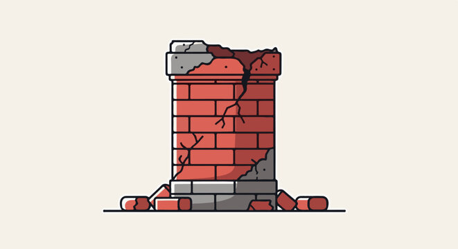 Stylized, broken brick chimney with loose pieces on a plain background
