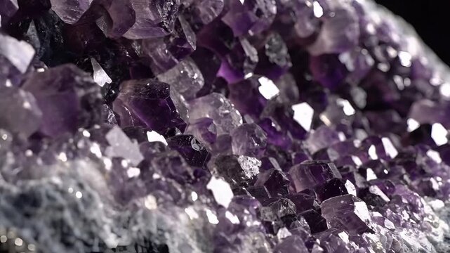 Closeup Macro Shot of Amethyst Geode Crystals Sparkling with Light.