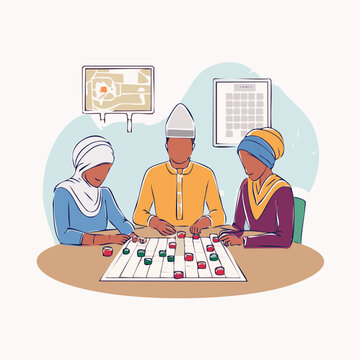 Muslim family playing a board game