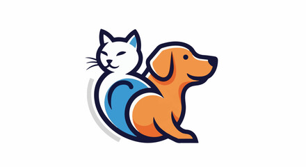Naklejka premium Stylized cartoon cat and dog figures, white cat with blue accents, orange dog