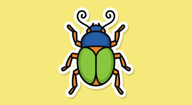 Stylized cartoon beetle with blue head, green wings, and orange body, set against a yellow background