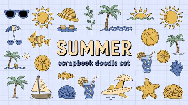 A playful summer-themed doodle illustration set featuring hand-drawn beach and vacation icons arranged across a soft beige grid background. Designed in a sketchy pink and black line-art style, the com