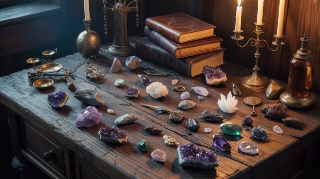 Interior of a mystical vintage altar with crystals, candles, and ancient books for meditation or spiritual practice