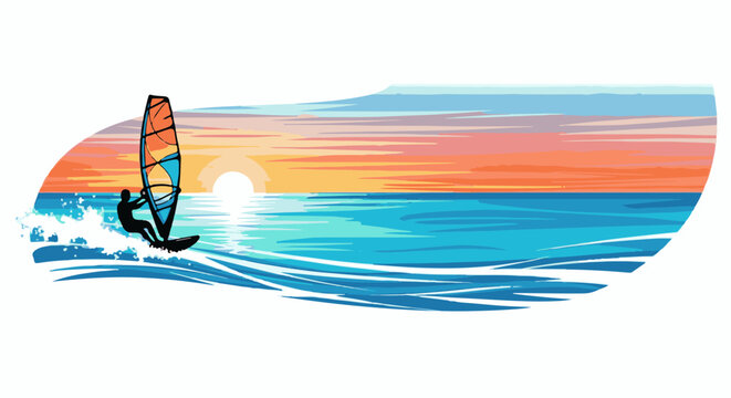 Silhouette of a windsurfer riding a wave during a vibrant sunset over the ocean