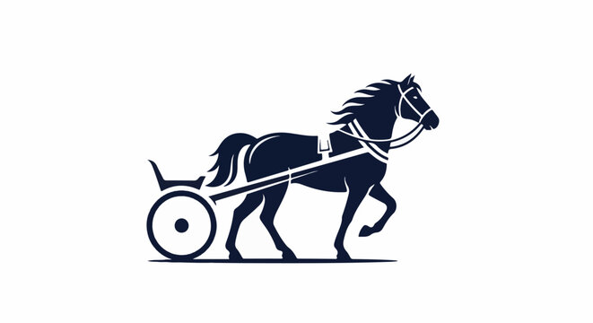 Silhouette of a trotting horse pulling a chariot on a white background